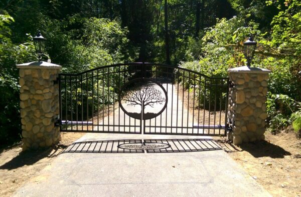 Double Swing Gate with River Rock Pillars