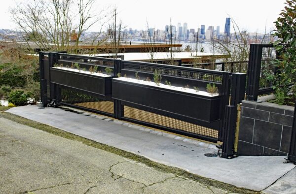 Modern Double Swing Gate with Matching Fence and Pedestrian Gate
