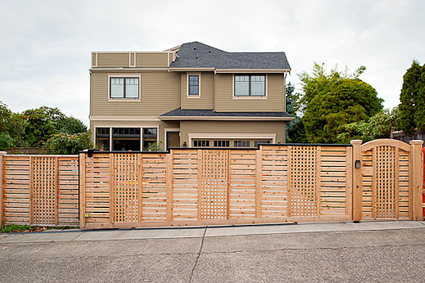 Sloped Iron Slide Gate with Horiztonal Wood Slats and Wood Mesh