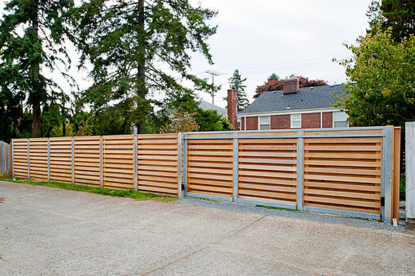 Iron Slide Gate with Horizontal Wood Slats