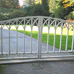 Iron Swing Gates with Bent Pickets