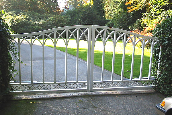 Iron Swing Gates with Bent Pickets