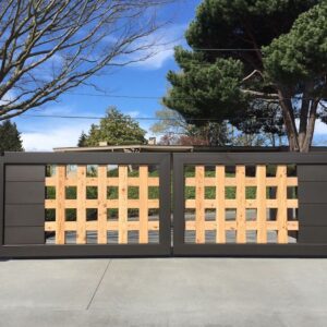 Residential Modern, Double Swing, Metal And Wood Gate With Surrounding Concrete Wall