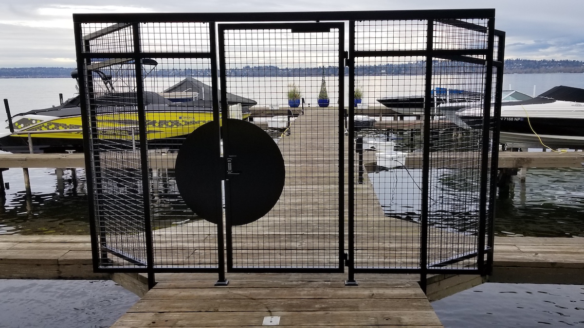 Secure And Modern, Marina Dock Pedestrian Gate With Cipher Lock And Mesh Fencing