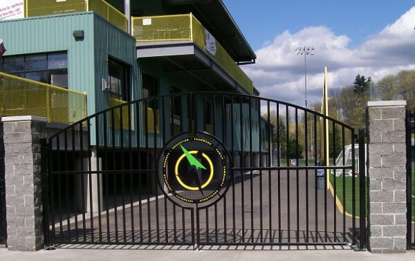 Starfire Sports Iron, Double-Swing Driveway Gate With Plasma-Cut (Removable) Custom Logo