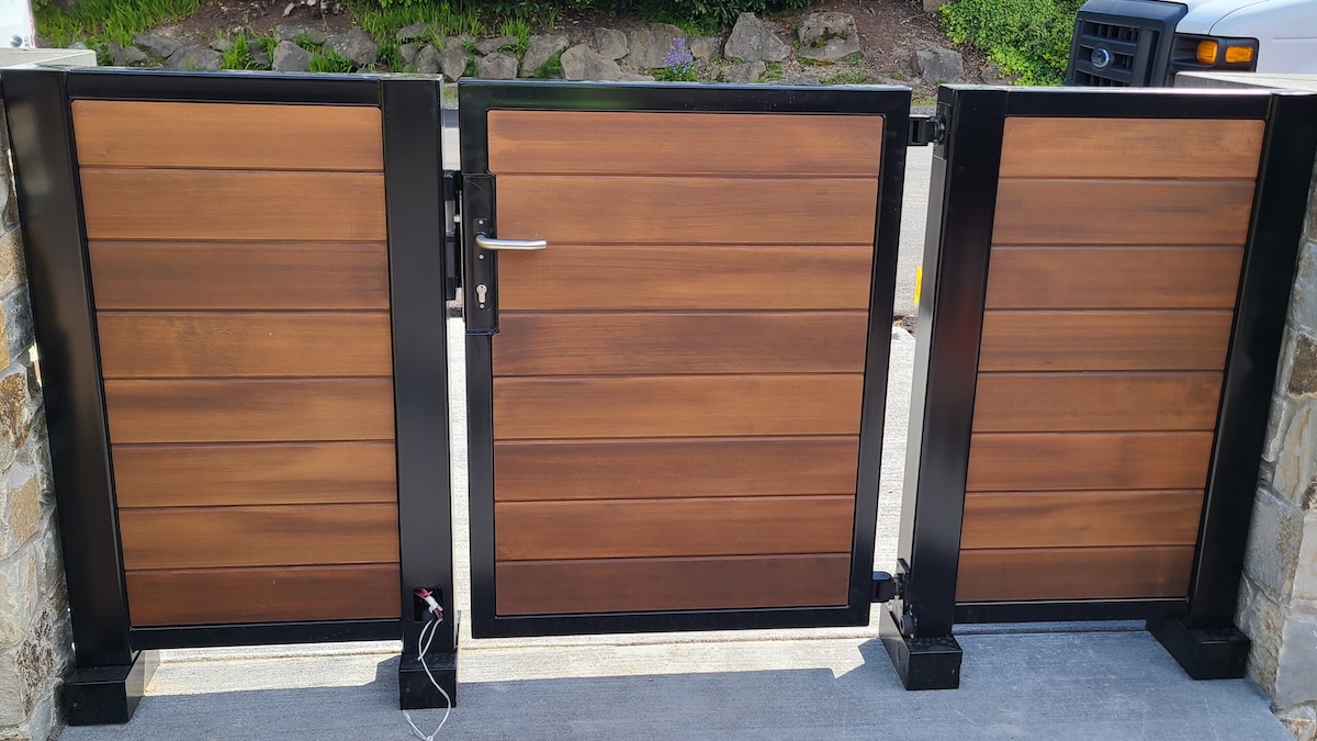 Residential Pedestrian Gate, Metal Painted Semi-Gloss Black With Stained Wood Applique